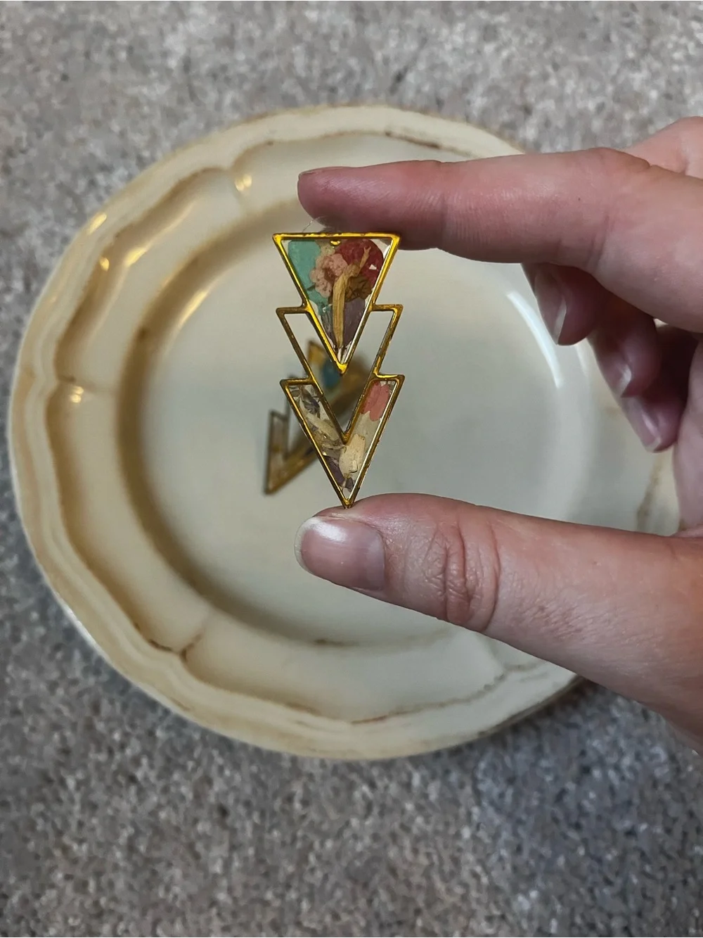 Gold Tri-Arrow Resin Earrings with Floral Inlay